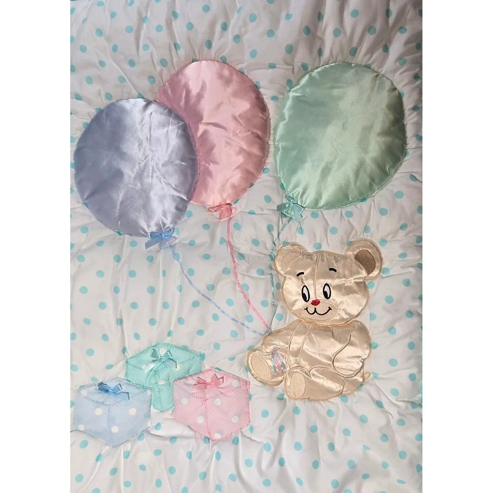 Vintage Kids Line Teddy Bear Balloons Polka Dot Baby Quilt Ruffled Aqua 35x45